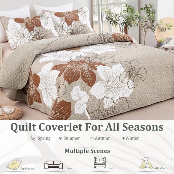 New Taupe Bohemian Floral Quilt Set • 3 PC • QUEEN Size - Picture 3 of 7